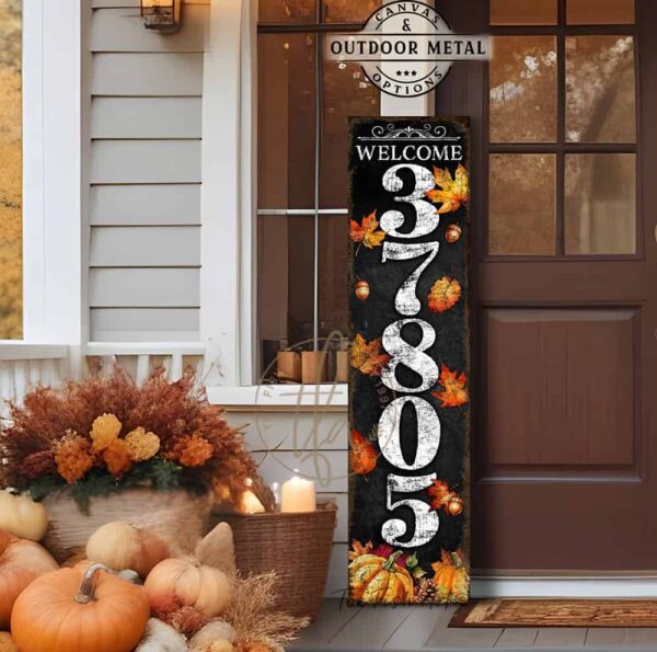 Toe Fish Art Fall Autumn Halloween Thanksgiving Home Decor Vertical Porch Leaner House Address Street Number Sign Canvas or Outdoor Weatherproof Metal. Falling Autumn Leaves and Pumpkins entryway Front Door Greeter sign with Custom Personalized Family Name Welcome options. Color options: Worn Ivory White with Rustic Black lettering, Worn Black with Rustic White lettering, Worn Black with Rustic Gold lettering. Beautiful, rich fall colors, leaves and pumpkins, rustic vintage black, white, orange, gold, yellow, green seasonal entryway decoration. Vertical Porch Leaner Weatherproof Seasonal Decor Front Door Greeter. Indoor-Outdoor Decor handcrafted in the USA for your Front Door Foyer Porch Entrance Patio Deck. Holiday Outdoor Decoration Curb Appeal handmade by woman-owned USA small family American business ToeFishArt. Original, custom, personalized wall decor signs. Canvas, Wood or Metal. Rustic modern farmhouse, cottagecore, vintage, retro, industrial, Americana, primitive, country, coastal, minimalist.