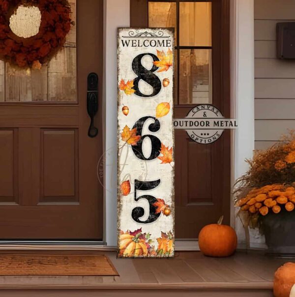 Toe Fish Art Fall Autumn Halloween Thanksgiving Home Decor Vertical Porch Leaner House Address Street Number Sign Canvas or Outdoor Weatherproof Metal. Falling Autumn Leaves and Pumpkins entryway Front Door Greeter sign with Custom Personalized Family Name Welcome options. Color options: Worn Ivory White with Rustic Black lettering, Worn Black with Rustic White lettering, Worn Black with Rustic Gold lettering. Beautiful, rich fall colors, leaves and pumpkins, rustic vintage black, white, orange, gold, yellow, green seasonal entryway decoration. Vertical Porch Leaner Weatherproof Seasonal Decor Front Door Greeter. Indoor-Outdoor Decor handcrafted in the USA for your Front Door Foyer Porch Entrance Patio Deck. Holiday Outdoor Decoration Curb Appeal handmade by woman-owned USA small family American business ToeFishArt. Original, custom, personalized wall decor signs. Canvas, Wood or Metal. Rustic modern farmhouse, cottagecore, vintage, retro, industrial, Americana, primitive, country, coastal, minimalist.