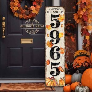 Toe Fish Art Fall Autumn Halloween Thanksgiving Home Decor Vertical Porch Leaner House Address Street Number Sign Canvas or Outdoor Weatherproof Metal. Falling Autumn Leaves and Pumpkins entryway Front Door Greeter sign with Custom Personalized Family Name Welcome options. Color options: Worn Ivory White with Rustic Black lettering, Worn Black with Rustic White lettering, Worn Black with Rustic Gold lettering. Beautiful, rich fall colors, leaves and pumpkins, rustic vintage black, white, orange, gold, yellow, green seasonal entryway decoration. Vertical Porch Leaner Weatherproof Seasonal Decor Front Door Greeter. Indoor-Outdoor Decor handcrafted in the USA for your Front Door Foyer Porch Entrance Patio Deck. Holiday Outdoor Decoration Curb Appeal handmade by woman-owned USA small family American business ToeFishArt. Original, custom, personalized wall decor signs. Canvas, Wood or Metal. Rustic modern farmhouse, cottagecore, vintage, retro, industrial, Americana, primitive, country, coastal, minimalist.