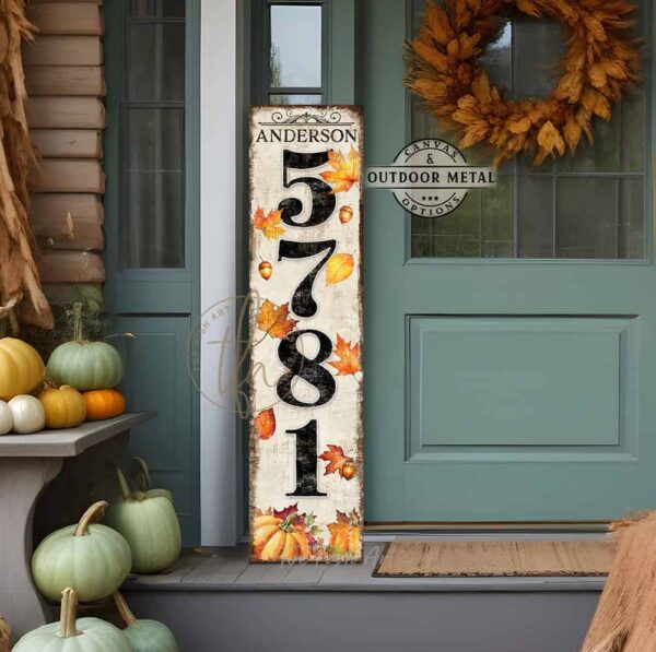 Toe Fish Art Fall Autumn Halloween Thanksgiving Home Decor Vertical Porch Leaner House Address Street Number Sign Canvas or Outdoor Weatherproof Metal. Falling Autumn Leaves and Pumpkins entryway Front Door Greeter sign with Custom Personalized Family Name Welcome options. Color options: Worn Ivory White with Rustic Black lettering, Worn Black with Rustic White lettering, Worn Black with Rustic Gold lettering. Beautiful, rich fall colors, leaves and pumpkins, rustic vintage black, white, orange, gold, yellow, green seasonal entryway decoration. Vertical Porch Leaner Weatherproof Seasonal Decor Front Door Greeter. Indoor-Outdoor Decor handcrafted in the USA for your Front Door Foyer Porch Entrance Patio Deck. Holiday Outdoor Decoration Curb Appeal handmade by woman-owned USA small family American business ToeFishArt. Original, custom, personalized wall decor signs. Canvas, Wood or Metal. Rustic modern farmhouse, cottagecore, vintage, retro, industrial, Americana, primitive, country, coastal, minimalist.