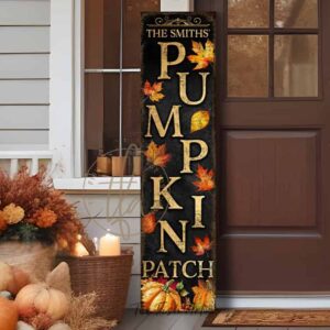 Toe Fish Art Fall Autumn Halloween Thanksgiving Decor Vertical Porch Leaner Canvas or Outdoor Metal Sign. Pumpkin Patch entryway sign with Custom Personalized Family Name options. Color options: Worn Ivory White with Rustic Orange lettering, Worn Black with Rustic White lettering, Worn Black with Rustic Gold lettering. Beautiful, rich fall colors, leaves and pumpkins, rustic vintage black, white, orange, gold, yellow, green seasonal entryway decoration. Vertical Porch Leaner Weatherproof Seasonal Decor Front Door Greeter. Indoor-Outdoor Decor handcrafted in the USA for your Front Door Foyer Porch Entrance Patio Deck. Holiday Outdoor Decoration Curb Appeal handmade by woman-owned USA small family American business ToeFishArt. Original, custom, personalized wall decor signs. Canvas, Wood or Metal. Rustic modern farmhouse, cottagecore, vintage, retro, industrial, Americana, primitive, country, coastal, minimalist.