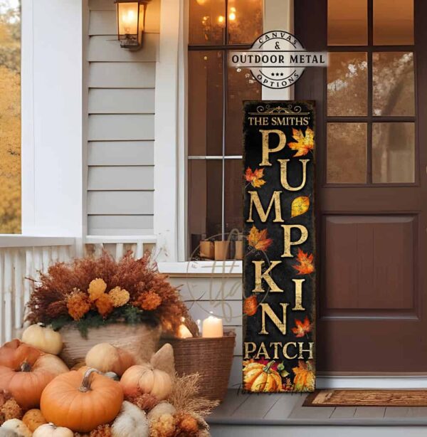 Toe Fish Art Fall Autumn Halloween Thanksgiving Decor Vertical Porch Leaner Canvas or Outdoor Metal Sign. Pumpkin Patch entryway sign with Custom Personalized Family Name options. Color options: Worn Ivory White with Rustic Orange lettering, Worn Black with Rustic White lettering, Worn Black with Rustic Gold lettering. Beautiful, rich fall colors, leaves and pumpkins, rustic vintage black, white, orange, gold, yellow, green seasonal entryway decoration. Vertical Porch Leaner Weatherproof Seasonal Decor Front Door Greeter. Indoor-Outdoor Decor handcrafted in the USA for your Front Door Foyer Porch Entrance Patio Deck. Holiday Outdoor Decoration Curb Appeal handmade by woman-owned USA small family American business ToeFishArt. Original, custom, personalized wall decor signs. Canvas, Wood or Metal. Rustic modern farmhouse, cottagecore, vintage, retro, industrial, Americana, primitive, country, coastal, minimalist.