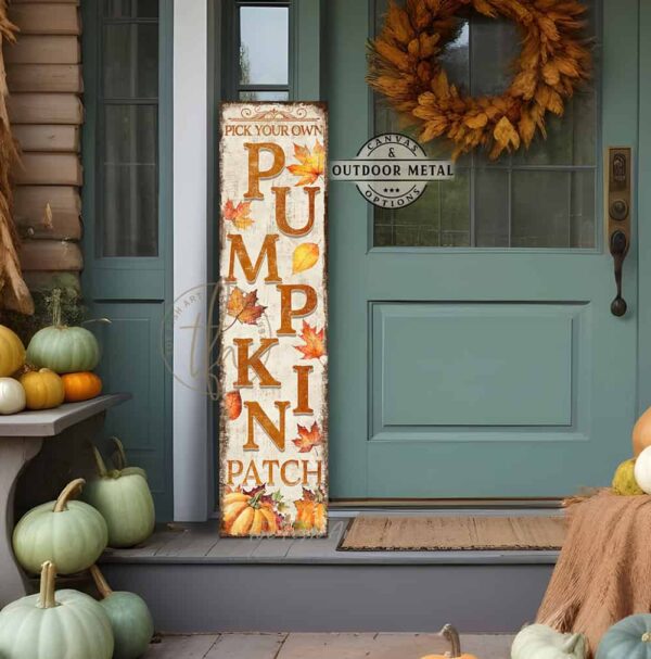 Toe Fish Art Fall Autumn Halloween Thanksgiving Decor Vertical Porch Leaner Canvas or Outdoor Metal Sign. Pumpkin Patch entryway sign with Custom Personalized Family Name options. Color options: Worn Ivory White with Rustic Orange lettering, Worn Black with Rustic White lettering, Worn Black with Rustic Gold lettering. Beautiful, rich fall colors, leaves and pumpkins, rustic vintage black, white, orange, gold, yellow, green seasonal entryway decoration. Vertical Porch Leaner Weatherproof Seasonal Decor Front Door Greeter. Indoor-Outdoor Decor handcrafted in the USA for your Front Door Foyer Porch Entrance Patio Deck. Holiday Outdoor Decoration Curb Appeal handmade by woman-owned USA small family American business ToeFishArt. Original, custom, personalized wall decor signs. Canvas, Wood or Metal. Rustic modern farmhouse, cottagecore, vintage, retro, industrial, Americana, primitive, country, coastal, minimalist.