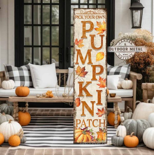 Toe Fish Art Fall Autumn Halloween Thanksgiving Decor Vertical Porch Leaner Canvas or Outdoor Metal Sign. Pumpkin Patch entryway sign with Custom Personalized Family Name options. Color options: Worn Ivory White with Rustic Orange lettering, Worn Black with Rustic White lettering, Worn Black with Rustic Gold lettering. Beautiful, rich fall colors, leaves and pumpkins, rustic vintage black, white, orange, gold, yellow, green seasonal entryway decoration. Vertical Porch Leaner Weatherproof Seasonal Decor Front Door Greeter. Indoor-Outdoor Decor handcrafted in the USA for your Front Door Foyer Porch Entrance Patio Deck. Holiday Outdoor Decoration Curb Appeal handmade by woman-owned USA small family American business ToeFishArt. Original, custom, personalized wall decor signs. Canvas, Wood or Metal. Rustic modern farmhouse, cottagecore, vintage, retro, industrial, Americana, primitive, country, coastal, minimalist.