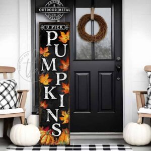 Toe Fish Art Fall Autumn Halloween Thanksgiving Decor Vertical Porch Leaner Seasonal Front Door Greeter Canvas or Outdoor Metal Sign. Pumpkins entryway sign with Color options: Worn Ivory White with Rustic Orange lettering, Worn Black with Rustic White lettering, Worn Black with Rustic Gold lettering. Beautiful, rich fall colors, leaves and pumpkins, rustic vintage black, white, orange, gold, yellow, soft green. Weatherproof Seasonal Outdoor Decor Front Door Greeter. Indoor-Outdoor Decor handcrafted in the USA for your Front Door Foyer Porch Entrance Patio Deck. Holiday Outdoor Decoration Curb Appeal handmade by woman-owned USA small family American business ToeFishArt. Original, custom, personalized wall decor signs. Canvas, Wood or Metal. Rustic modern farmhouse, cottagecore, vintage, retro, industrial, Americana, primitive, country, coastal, minimalist.