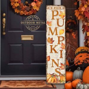 Toe Fish Art Fall Autumn Halloween Thanksgiving Decor Vertical Porch Leaner Seasonal Front Door Greeter Canvas or Outdoor Metal Sign. Pumpkins entryway sign with Color options: Worn Ivory White with Rustic Orange lettering, Worn Black with Rustic White lettering, Worn Black with Rustic Gold lettering. Beautiful, rich fall colors, leaves and pumpkins, rustic vintage black, white, orange, gold, yellow, soft green. Weatherproof Seasonal Outdoor Decor Front Door Greeter. Indoor-Outdoor Decor handcrafted in the USA for your Front Door Foyer Porch Entrance Patio Deck. Holiday Outdoor Decoration Curb Appeal handmade by woman-owned USA small family American business ToeFishArt. Original, custom, personalized wall decor signs. Canvas, Wood or Metal. Rustic modern farmhouse, cottagecore, vintage, retro, industrial, Americana, primitive, country, coastal, minimalist.