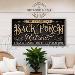 Toe Fish Art Personalize-able Welcome to our Back Porch Retreat sign handcrafted in Canvas or Outdoor Weatherproof Metal with popular sayings like Relax & Unwind You're on Porch Time! It's always happy hour here, Good people Good drinks Great times, Sipping Grilling Chilling, Proudly serving whatever you brought, Where wasting time is considered time well spent. Stylish Chic slate Black with Rustic Gold lettering outdoor porch patio deck sign handmade by ToeFishArt. Outdoor Exterior Weatherproof Commercial-Grade durable Metal Sign handmade in the USA from start to finish and built to last a lifetime by the Toe Fish Art family of artisans. Add your custom Name to this beautiful original artwork for unique eye-catching decor indoors or outdoors. Original, custom, personalized wall decor signs. Canvas, Wood or Metal. Rustic modern farmhouse, cottagecore, vintage, retro, industrial, Americana, primitive, country, coastal, minimalist.