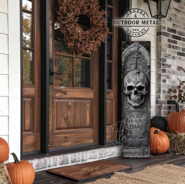 Toe Fish Art Halloween home decor spooky front door greeter vertical porch leaner. Scary Halloween skeleton skull tombstone vertical Enter If You Dare sign. Canvas or outdoor weatherproof waterproof metal sign in graveyard gray color. Seasonal holiday outdoor decor for your entryway. Indoor-outdoor decor handcrafted in the USA for your front door foyer porch entrance patio deck. Holiday outdoor decoration curb appeal handmade by woman-owned USA small family American business ToeFishArt.com. Original, custom, personalized wall decor signs handcrafted in the USA and made-to-order for you. Choose from canvas, wood shiplap or outdoor metal. Select from rustic modern farmhouse, cottagecore, vintage, retro, industrial, Americana, primitive, country, coastal, minimalist, boho and eclectic home decor styles.