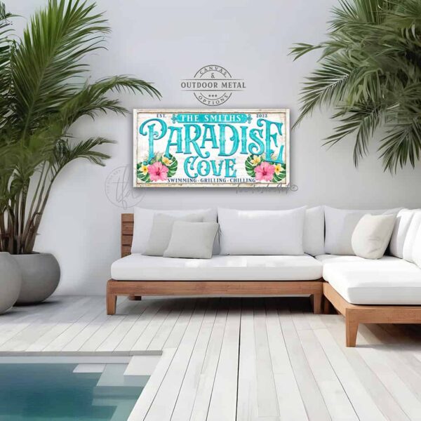 Toe Fish Art Custom Personalize-able Paradise Cove Sign handcrafted in the USA made of Canvas or Outdoor Weatherproof Metal, Welcome to Paradise Cove, colorful pink yellow & green Hibiscus Flowers Tropical Beachy Artwork. Popular sayings like Relax & Enjoy Swimming Grilling Chilling, Proudly Serving Whatever You Brought. Color options! White with Aqua Pool Blue lettering vintage tropical cottage patio sign, handmade by ToeFishArt. Outdoor Exterior Commercial-Grade waterproof and weatherproof durable solid Metal Sign handmade in the USA from start to finish, and built to last a lifetime by the Toe Fish Art family artisans. Add your custom Family Name and established date to this beautiful original artwork for unique eye-catching decor indoors or outdoors. Original, custom, personalized wall decor signs. Canvas, Wood or Metal. Rustic modern farmhouse, cottagecore, vintage, retro, industrial, Americana, primitive, country, coastal, minimalist.