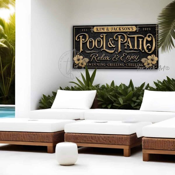 Toe Fish Art Custom Personalize-able Pool & Patio sign Canvas or Outdoor Metal, Welcome to the Pool & Patio, Hibiscus Flowers Tropical Beachy Artwork. Popular sayings like Relax & Enjoy Swimming Grilling Chilling, Proudly Serving Whatever You Brought. Color options! Stylish Chic Vintage Slate Black with Rustic Gold Lettering, Rustic Black with Aqua Pool Blue lettering and Pink Hibiscus Floral Artwork, or Rustic Vintage Black with Rustic White lettering, vintage tropical cottage patio sign, handmade by ToeFishArt. Outdoor Exterior Commercial-Grade waterproof and weatherproof durable solid Metal Sign handmade in the USA from start to finish, and built to last a lifetime by the Toe Fish Art family artisans. Add your custom Family Name and established date to this beautiful original artwork for unique eye-catching decor indoors or outdoors. Original, custom, personalized wall decor signs. Canvas, Wood or Metal. Rustic modern farmhouse, cottagecore, vintage, retro, industrial, Americana, primitive, country, coastal, minimalist.