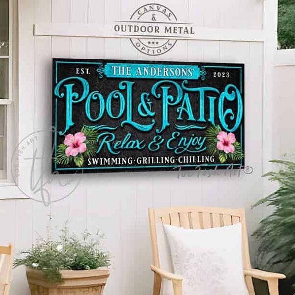 Toe Fish Art Custom Personalize-able Pool & Patio sign Canvas or Outdoor Metal, Welcome to the Pool & Patio, Hibiscus Flowers Tropical Beachy Artwork. Popular sayings like Relax & Enjoy Swimming Grilling Chilling, Proudly Serving Whatever You Brought. Color options! Stylish Chic Vintage Slate Black with Rustic Gold Lettering, Rustic Black with Aqua Pool Blue lettering and Pink Hibiscus Floral Artwork, or Rustic Vintage Black with Rustic White lettering, vintage tropical cottage patio sign, handmade by ToeFishArt. Outdoor Exterior Commercial-Grade waterproof and weatherproof durable solid Metal Sign handmade in the USA from start to finish, and built to last a lifetime by the Toe Fish Art family artisans. Add your custom Family Name and established date to this beautiful original artwork for unique eye-catching decor indoors or outdoors. Original, custom, personalized wall decor signs. Canvas, Wood or Metal. Rustic modern farmhouse, cottagecore, vintage, retro, industrial, Americana, primitive, country, coastal, minimalist.