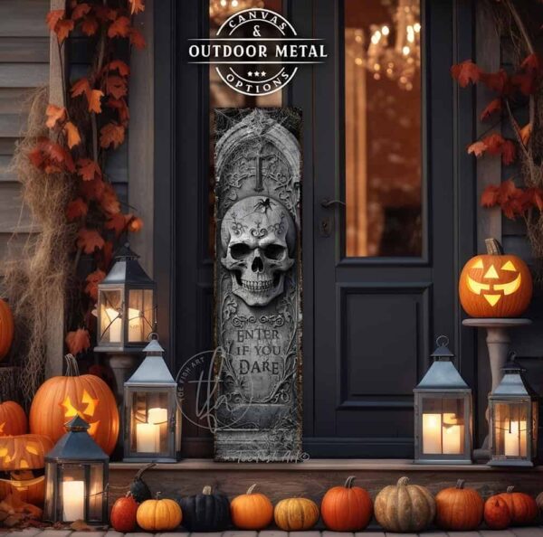 Toe Fish Art Halloween home decor spooky front door greeter vertical porch leaner. Scary Halloween skeleton skull tombstone vertical Enter If You Dare sign. Canvas or outdoor weatherproof waterproof metal sign in graveyard gray color. Seasonal holiday outdoor decor for your entryway. Indoor-outdoor decor handcrafted in the USA for your front door foyer porch entrance patio deck. Holiday outdoor decoration curb appeal handmade by woman-owned USA small family American business ToeFishArt.com. Original, custom, personalized wall decor signs handcrafted in the USA and made-to-order for you. Choose from canvas, wood shiplap or outdoor metal. Select from rustic modern farmhouse, cottagecore, vintage, retro, industrial, Americana, primitive, country, coastal, minimalist, boho and eclectic home decor styles.