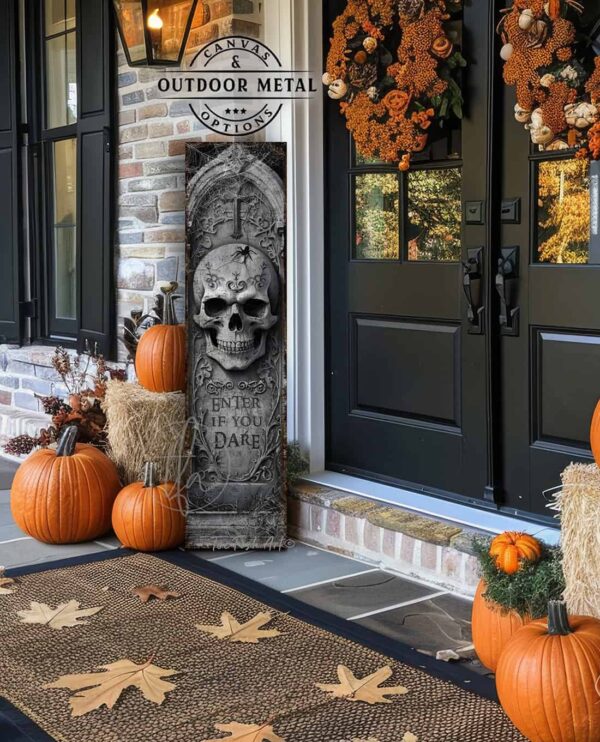 Toe Fish Art Halloween home decor spooky front door greeter vertical porch leaner. Scary Halloween skeleton skull tombstone vertical Enter If You Dare sign. Canvas or outdoor weatherproof waterproof metal sign in graveyard gray color. Seasonal holiday outdoor decor for your entryway. Indoor-outdoor decor handcrafted in the USA for your front door foyer porch entrance patio deck. Holiday outdoor decoration curb appeal handmade by woman-owned USA small family American business ToeFishArt.com. Original, custom, personalized wall decor signs handcrafted in the USA and made-to-order for you. Choose from canvas, wood shiplap or outdoor metal. Select from rustic modern farmhouse, cottagecore, vintage, retro, industrial, Americana, primitive, country, coastal, minimalist, boho and eclectic home decor styles.