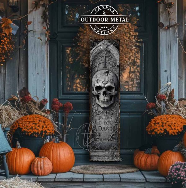 Toe Fish Art Halloween home decor spooky front door greeter vertical porch leaner. Scary Halloween skeleton skull tombstone vertical Enter If You Dare sign. Canvas or outdoor weatherproof waterproof metal sign in graveyard gray color. Seasonal holiday outdoor decor for your entryway. Indoor-outdoor decor handcrafted in the USA for your front door foyer porch entrance patio deck. Holiday outdoor decoration curb appeal handmade by woman-owned USA small family American business ToeFishArt.com. Original, custom, personalized wall decor signs handcrafted in the USA and made-to-order for you. Choose from canvas, wood shiplap or outdoor metal. Select from rustic modern farmhouse, cottagecore, vintage, retro, industrial, Americana, primitive, country, coastal, minimalist, boho and eclectic home decor styles.