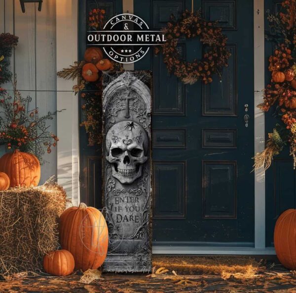 Toe Fish Art Halloween home decor spooky front door greeter vertical porch leaner. Scary Halloween skeleton skull tombstone vertical Enter If You Dare sign. Canvas or outdoor weatherproof waterproof metal sign in graveyard gray color. Seasonal holiday outdoor decor for your entryway. Indoor-outdoor decor handcrafted in the USA for your front door foyer porch entrance patio deck. Holiday outdoor decoration curb appeal handmade by woman-owned USA small family American business ToeFishArt.com. Original, custom, personalized wall decor signs handcrafted in the USA and made-to-order for you. Choose from canvas, wood shiplap or outdoor metal. Select from rustic modern farmhouse, cottagecore, vintage, retro, industrial, Americana, primitive, country, coastal, minimalist, boho and eclectic home decor styles.