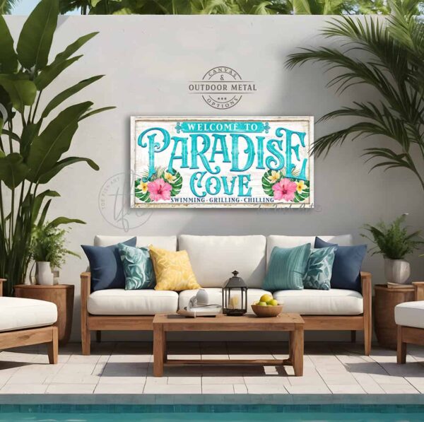 Toe Fish Art Custom Personalize-able Paradise Cove Sign handcrafted in the USA made of Canvas or Outdoor Weatherproof Metal, Welcome to Paradise Cove, colorful pink yellow & green Hibiscus Flowers Tropical Beachy Artwork. Popular sayings like Relax & Enjoy Swimming Grilling Chilling, Proudly Serving Whatever You Brought. Color options! White with Aqua Pool Blue lettering vintage tropical cottage patio sign, handmade by ToeFishArt. Outdoor Exterior Commercial-Grade waterproof and weatherproof durable solid Metal Sign handmade in the USA from start to finish, and built to last a lifetime by the Toe Fish Art family artisans. Add your custom Family Name and established date to this beautiful original artwork for unique eye-catching decor indoors or outdoors. Original, custom, personalized wall decor signs. Canvas, Wood or Metal. Rustic modern farmhouse, cottagecore, vintage, retro, industrial, Americana, primitive, country, coastal, minimalist.