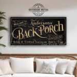 Toe Fish Art Personalize-able Welcome to our Back Porch sign handcrafted in Canvas or Outdoor Metal with popular sayings like Relax & Unwind You're on Patio Time! It's always happy hour here, Good people Good drinks Great times, Sipping Grilling Chilling, Proudly serving whatever you brought, Where wasting time is considered time well spent. Stylish Chic slate Black with Rustic Gold lettering outdoor patio sign handmade by ToeFishArt. Outdoor Exterior Weatherproof Commercial-Grade durable Metal Sign handmade in the USA from start to finish and built to last a lifetime by the Toe Fish Art family of artisans. Add your custom Name to this beautiful original artwork for unique eye-catching decor indoors or outdoors. Original, custom, personalized wall decor signs. Canvas, Wood or Metal. Rustic modern farmhouse, cottagecore, vintage, retro, industrial, Americana, primitive, country, coastal, minimalist.