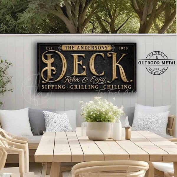 Toe Fish Art Personalize-able Welcome to our Deck sign handcrafted in Canvas or Outdoor Weatherproof Waterproof Rustproof Metal with popular sayings like Sipping Grilling Chilling, Sit Long Talk Much Laugh Often, Relax & Unwind, It's always happy hour here, Good people Good drinks Great times, Proudly serving whatever you brought. Instantly add fantastic curb appeal to your porch entryway with this Stylish Chic slate Black with Rustic Gold lettering outdoor porch patio deck sign handmade by ToeFishArt. Outdoor Exterior Weatherproof Commercial-Grade durable Metal Sign handmade in the USA from start to finish and built to last a lifetime by the Toe Fish Art family of artisans. Add your custom Name and Established Year to this beautiful original artwork for unique eye-catching decor indoors or outdoors. Original, custom, personalized wall decor signs. Canvas, Wood or Metal. Rustic modern farmhouse, cottagecore, vintage, retro, industrial, Americana, primitive, country, coastal, minimalist.