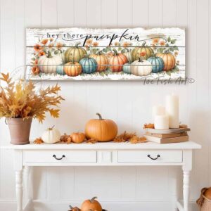 Toe Fish Art "Hey There Pumpkin", Rustic, Quaint and Colorful Pumpkins Autumn Fall Seasonal Halloween Thanksgiving Home Decor Sign with Rustic White Reclaimed Wood background, Colorful Autumn Harvest Decor with Vibrant Fall Colors. White, Orange, Green and Blue Pumpkins. Outdoor weatherproof waterproof metal option available. Add easy, beautiful fall charm! Seasonal holiday indoor or outdoor decor for your entryway. Handcrafted to-order in the USA. Holiday decoration handmade by woman-owned USA small family American business ToeFishArt.com. Original, custom, personalized wall decor signs handcrafted in the USA and made-to-order for you. Choose from canvas, wood shiplap or outdoor metal. Select from rustic modern farmhouse, cottagecore, vintage, retro, industrial, Americana, primitive, country, coastal, minimalist, boho and eclectic home decor styles.