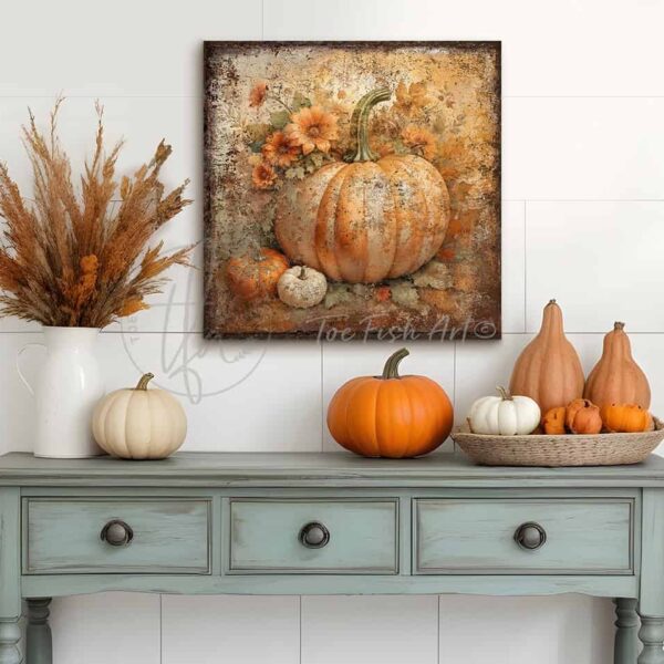 Toe Fish Art's large orange and white heirloom pumpkins wall art - beautifully designed, unique, original, hand-painted and graphically rendered scene displaying a large, orange heirloom pumpkin set against autumn flowers and leaves to create this charming and colorful Modern Farmhouse Vintage Rustic Fall Decoration home decor. Autumn Harvest Seasonal Halloween and Thanksgiving Holiday Decor. Vibrant, deep, rich fall colors. Soft white, orange, rust, green, bronze and golden hues. Outdoor weatherproof waterproof metal option available. Add easy, beautiful fall charm! Seasonal holiday indoor or outdoor decor for your entryway or fireplace mantel. Handcrafted to-order in the USA. Holiday decoration handmade by woman-owned USA small family American business ToeFishArt.com. Original, custom, personalized wall decor signs handcrafted in the USA and made-to-order for you. Choose from canvas, wood shiplap or outdoor metal. Select from rustic modern farmhouse, cottagecore, vintage, retro, industrial, Americana, primitive, country, coastal, minimalist, boho and eclectic home decor styles.