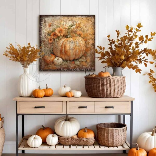 Toe Fish Art's large orange and white heirloom pumpkins wall art - beautifully designed, unique, original, hand-painted and graphically rendered scene displaying a large, orange heirloom pumpkin set against autumn flowers and leaves to create this charming and colorful Modern Farmhouse Vintage Rustic Fall Decoration home decor. Autumn Harvest Seasonal Halloween and Thanksgiving Holiday Decor. Vibrant, deep, rich fall colors. Soft white, orange, rust, green, bronze and golden hues. Outdoor weatherproof waterproof metal option available. Add easy, beautiful fall charm! Seasonal holiday indoor or outdoor decor for your entryway or fireplace mantel. Handcrafted to-order in the USA. Holiday decoration handmade by woman-owned USA small family American business ToeFishArt.com. Original, custom, personalized wall decor signs handcrafted in the USA and made-to-order for you. Choose from canvas, wood shiplap or outdoor metal. Select from rustic modern farmhouse, cottagecore, vintage, retro, industrial, Americana, primitive, country, coastal, minimalist, boho and eclectic home decor styles.
