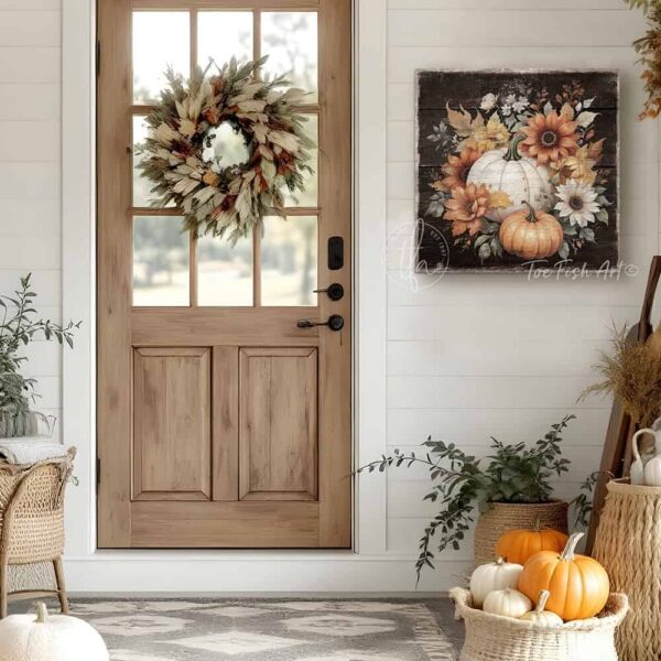 Vintage-inspired farmhouse style sign featuring white and orange heirloom pumpkins with autumn flowers. Toe Fish Art creates quality, artisan-made wall décor using American-sourced materials. Proudly made in the USA, each sign is built to last with heritage craftsmanship and rustic charm. Custom, timeless designs for indoor/outdoor spaces. Discover handcrafted American wall art at toefishart.com.