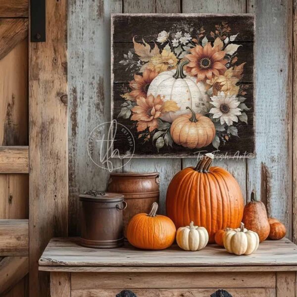 Vintage-inspired farmhouse style sign featuring white and orange heirloom pumpkins with autumn flowers. Toe Fish Art creates quality, artisan-made wall décor using American-sourced materials. Proudly made in the USA, each sign is built to last with heritage craftsmanship and rustic charm. Custom, timeless designs for indoor/outdoor spaces. Discover handcrafted American wall art at toefishart.com.