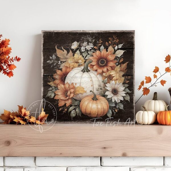 Vintage-inspired farmhouse style sign featuring white and orange heirloom pumpkins with autumn flowers. Toe Fish Art creates quality, artisan-made wall décor using American-sourced materials. Proudly made in the USA, each sign is built to last with heritage craftsmanship and rustic charm. Custom, timeless designs for indoor/outdoor spaces. Discover handcrafted American wall art at toefishart.com.