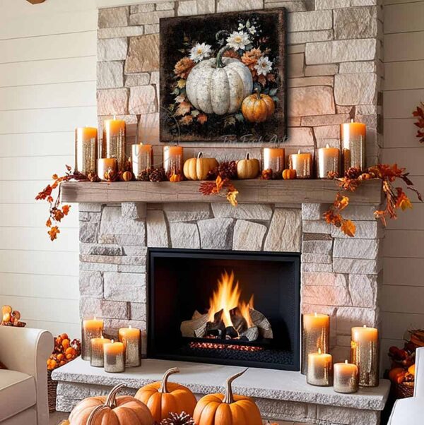 Toe Fish Art's Vintage Harvest White and Orange Heirloom Pumpkins Wall Art - beautifully designed, unique, original, hand-painted and graphically rendered scene displaying white and orange heirloom artisanal pumpkins set against a dark rustic background with colorful autumn flowers and leaves to create this quaint Modern Farmhouse Fall Decoration home decor. Autumn Harvest Seasonal Halloween and Thanksgiving Holiday Decor. Rich, vibrant fall colors. The soft white, rust orange and green hues really pop against the dark rustic woodgrain background. Outdoor weatherproof waterproof metal option available. Add easy, beautiful fall charm! Seasonal holiday indoor or outdoor decor for your entryway or fireplace mantel. Handcrafted to-order in the USA. Holiday decoration handmade by woman-owned USA small family American business ToeFishArt.com. Original, custom, personalized wall decor signs handcrafted in the USA and made-to-order for you. Choose from canvas, wood shiplap or outdoor metal. Select from rustic modern farmhouse, cottagecore, vintage, retro, industrial, Americana, primitive, country, coastal, minimalist, boho and eclectic home decor styles.
