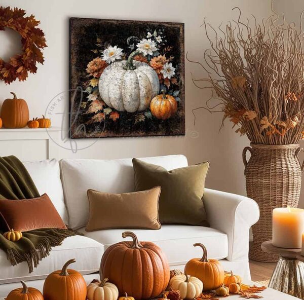 Toe Fish Art's Vintage Harvest White and Orange Heirloom Pumpkins Wall Art - beautifully designed, unique, original, hand-painted and graphically rendered scene displaying white and orange heirloom artisanal pumpkins set against a dark rustic background with colorful autumn flowers and leaves to create this quaint Modern Farmhouse Fall Decoration home decor. Autumn Harvest Seasonal Halloween and Thanksgiving Holiday Decor. Rich, vibrant fall colors. The soft white, rust orange and green hues really pop against the dark rustic woodgrain background. Outdoor weatherproof waterproof metal option available. Add easy, beautiful fall charm! Seasonal holiday indoor or outdoor decor for your entryway or fireplace mantel. Handcrafted to-order in the USA. Holiday decoration handmade by woman-owned USA small family American business ToeFishArt.com. Original, custom, personalized wall decor signs handcrafted in the USA and made-to-order for you. Choose from canvas, wood shiplap or outdoor metal. Select from rustic modern farmhouse, cottagecore, vintage, retro, industrial, Americana, primitive, country, coastal, minimalist, boho and eclectic home decor styles.