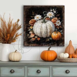 Toe Fish Art's Vintage Harvest White and Orange Heirloom Pumpkins Wall Art - beautifully designed, unique, original, hand-painted and graphically rendered scene displaying white and orange heirloom artisanal pumpkins set against a dark rustic background with colorful autumn flowers and leaves to create this quaint Modern Farmhouse Fall Decoration home decor. Autumn Harvest Seasonal Halloween and Thanksgiving Holiday Decor. Rich, vibrant fall colors. The soft white, rust orange and green hues really pop against the dark rustic woodgrain background. Outdoor weatherproof waterproof metal option available. Add easy, beautiful fall charm! Seasonal holiday indoor or outdoor decor for your entryway or fireplace mantel. Handcrafted to-order in the USA. Holiday decoration handmade by woman-owned USA small family American business ToeFishArt.com. Original, custom, personalized wall decor signs handcrafted in the USA and made-to-order for you. Choose from canvas, wood shiplap or outdoor metal. Select from rustic modern farmhouse, cottagecore, vintage, retro, industrial, Americana, primitive, country, coastal, minimalist, boho and eclectic home decor styles.