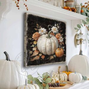 Toe Fish Art's Vintage Harvest White and Orange Heirloom Pumpkins Wall Art - beautifully designed, unique, original, hand-painted and graphically rendered scene displaying white and orange heirloom artisanal pumpkins set against a dark rustic background with colorful autumn flowers and leaves to create this quaint Modern Farmhouse Fall Decoration home decor. Autumn Harvest Seasonal Halloween and Thanksgiving Holiday Decor. Rich, vibrant fall colors. The soft white, rust orange and green hues really pop against the dark rustic woodgrain background. Outdoor weatherproof waterproof metal option available. Add easy, beautiful fall charm! Seasonal holiday indoor or outdoor decor for your entryway or fireplace mantel. Handcrafted to-order in the USA. Holiday decoration handmade by woman-owned USA small family American business ToeFishArt.com. Original, custom, personalized wall decor signs handcrafted in the USA and made-to-order for you. Choose from canvas, wood shiplap or outdoor metal. Select from rustic modern farmhouse, cottagecore, vintage, retro, industrial, Americana, primitive, country, coastal, minimalist, boho and eclectic home decor styles.