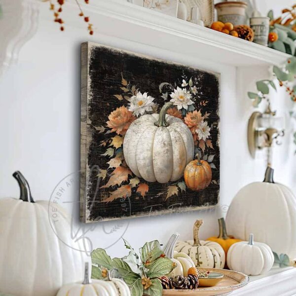 Toe Fish Art's Vintage Harvest White and Orange Heirloom Pumpkins Wall Art - beautifully designed, unique, original, hand-painted and graphically rendered scene displaying white and orange heirloom artisanal pumpkins set against a dark rustic background with colorful autumn flowers and leaves to create this quaint Modern Farmhouse Fall Decoration home decor. Autumn Harvest Seasonal Halloween and Thanksgiving Holiday Decor. Rich, vibrant fall colors. The soft white, rust orange and green hues really pop against the dark rustic woodgrain background. Outdoor weatherproof waterproof metal option available. Add easy, beautiful fall charm! Seasonal holiday indoor or outdoor decor for your entryway or fireplace mantel. Handcrafted to-order in the USA. Holiday decoration handmade by woman-owned USA small family American business ToeFishArt.com. Original, custom, personalized wall decor signs handcrafted in the USA and made-to-order for you. Choose from canvas, wood shiplap or outdoor metal. Select from rustic modern farmhouse, cottagecore, vintage, retro, industrial, Americana, primitive, country, coastal, minimalist, boho and eclectic home decor styles.