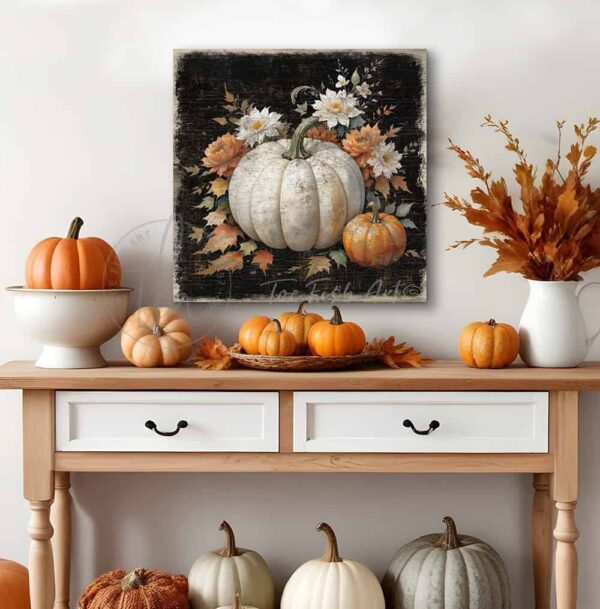 Toe Fish Art's Vintage Harvest White and Orange Heirloom Pumpkins Wall Art - beautifully designed, unique, original, hand-painted and graphically rendered scene displaying white and orange heirloom artisanal pumpkins set against a dark rustic background with colorful autumn flowers and leaves to create this quaint Modern Farmhouse Fall Decoration home decor. Autumn Harvest Seasonal Halloween and Thanksgiving Holiday Decor. Rich, vibrant fall colors. The soft white, rust orange and green hues really pop against the dark rustic woodgrain background. Outdoor weatherproof waterproof metal option available. Add easy, beautiful fall charm! Seasonal holiday indoor or outdoor decor for your entryway or fireplace mantel. Handcrafted to-order in the USA. Holiday decoration handmade by woman-owned USA small family American business ToeFishArt.com. Original, custom, personalized wall decor signs handcrafted in the USA and made-to-order for you. Choose from canvas, wood shiplap or outdoor metal. Select from rustic modern farmhouse, cottagecore, vintage, retro, industrial, Americana, primitive, country, coastal, minimalist, boho and eclectic home decor styles.