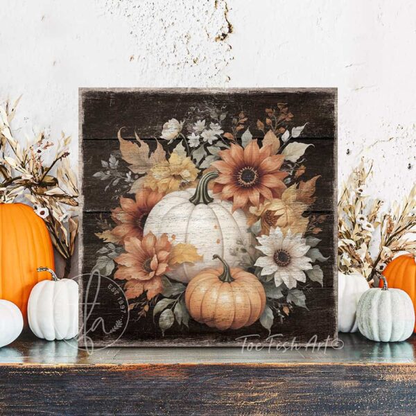 Vintage-inspired farmhouse style sign featuring white and orange heirloom pumpkins with autumn flowers. Toe Fish Art creates quality, artisan-made wall décor using American-sourced materials. Proudly made in the USA, each sign is built to last with heritage craftsmanship and rustic charm. Custom, timeless designs for indoor/outdoor spaces. Discover handcrafted American wall art at toefishart.com.