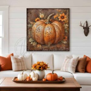 Toe Fish Art's large orange heirloom pumpkin wall art - beautifully designed, unique, original, hand-painted and graphically rendered scene displaying a large, orange heirloom pumpkin set against autumn flowers and leaves to create this charming and colorful Modern Farmhouse Vintage Rustic Fall Decoration home decor. Autumn Harvest Seasonal Halloween and Thanksgiving Holiday Decor. Vibrant, deep, rich fall colors. Soft white, orange, rust, green, bronze and golden hues. Outdoor weatherproof waterproof metal option available. Add easy, beautiful fall charm! Seasonal holiday indoor or outdoor decor for your entryway or fireplace mantel. Handcrafted to-order in the USA. Holiday decoration handmade by woman-owned USA small family American business ToeFishArt.com. Original, custom, personalized wall decor signs handcrafted in the USA and made-to-order for you. Choose from canvas, wood shiplap or outdoor metal. Select from rustic modern farmhouse, cottagecore, vintage, retro, industrial, Americana, primitive, country, coastal, minimalist, boho and eclectic home decor styles.