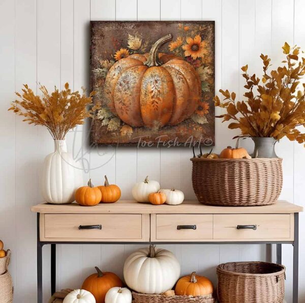 Toe Fish Art's large orange heirloom pumpkin wall art - beautifully designed, unique, original, hand-painted and graphically rendered scene displaying a large, orange heirloom pumpkin set against autumn flowers and leaves to create this charming and colorful Modern Farmhouse Vintage Rustic Fall Decoration home decor. Autumn Harvest Seasonal Halloween and Thanksgiving Holiday Decor. Vibrant, deep, rich fall colors. Soft white, orange, rust, green, bronze and golden hues. Outdoor weatherproof waterproof metal option available. Add easy, beautiful fall charm! Seasonal holiday indoor or outdoor decor for your entryway or fireplace mantel. Handcrafted to-order in the USA. Holiday decoration handmade by woman-owned USA small family American business ToeFishArt.com. Original, custom, personalized wall decor signs handcrafted in the USA and made-to-order for you. Choose from canvas, wood shiplap or outdoor metal. Select from rustic modern farmhouse, cottagecore, vintage, retro, industrial, Americana, primitive, country, coastal, minimalist, boho and eclectic home decor styles.