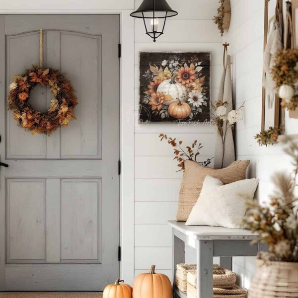 Vintage-inspired farmhouse style sign featuring white and orange heirloom pumpkins with autumn flowers. Toe Fish Art creates quality, artisan-made wall décor using American-sourced materials. Proudly made in the USA, each sign is built to last with heritage craftsmanship and rustic charm. Custom, timeless designs for indoor/outdoor spaces. Discover handcrafted American wall art at toefishart.com.