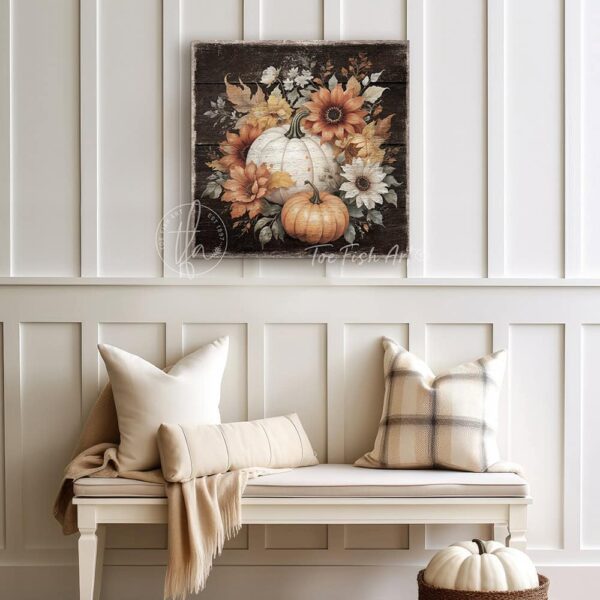 Vintage-inspired farmhouse style sign featuring white and orange heirloom pumpkins with autumn flowers. Toe Fish Art creates quality, artisan-made wall décor using American-sourced materials. Proudly made in the USA, each sign is built to last with heritage craftsmanship and rustic charm. Custom, timeless designs for indoor/outdoor spaces. Discover handcrafted American wall art at toefishart.com.