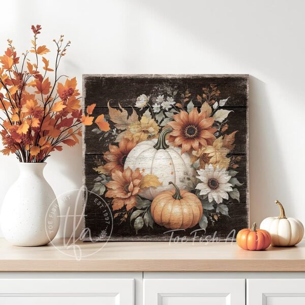 Vintage-inspired farmhouse style sign featuring white and orange heirloom pumpkins with autumn flowers. Toe Fish Art creates quality, artisan-made wall décor using American-sourced materials. Proudly made in the USA, each sign is built to last with heritage craftsmanship and rustic charm. Custom, timeless designs for indoor/outdoor spaces. Discover handcrafted American wall art at toefishart.com.