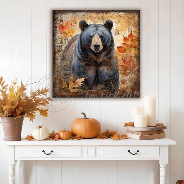 Toe Fish Art's Vintage Inspired Woodland Creatures Collection Wall Art - beautifully designed, unique, original, hand-painted and graphically rendered scenes displaying cute, furry woodland animal friends, like this bear deep, kind eyes, set against an autumn forest with falling leaves to create this striking and colorful Modern Farmhouse Vintage Rustic Fall Decoration home decor. Autumn Harvest Seasonal Thanksgiving Holiday Decor. Vibrant fall colors. Soft white, orange, rust, bronze, golden, brown, black and gray-silver-blue-green hues. Outdoor weatherproof waterproof metal option available. Add easy, beautiful fall charm! Seasonal holiday indoor or outdoor decor for your entryway or fireplace mantel. Handcrafted to-order in the USA. Holiday decoration handmade by woman-owned USA small family American business ToeFishArt.com. Original, custom, personalized wall decor signs handcrafted in the USA and made-to-order for you. Choose from canvas, wood shiplap or outdoor metal. Select from rustic modern farmhouse, cottagecore, vintage, retro, industrial, Americana, primitive, country, coastal, minimalist, boho and eclectic home decor styles.