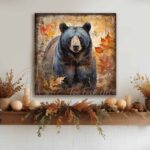 Toe Fish Art's Vintage Inspired Woodland Creatures Collection Wall Art - beautifully designed, unique, original, hand-painted and graphically rendered scenes displaying cute, furry woodland animal friends, like this bear deep, kind eyes, set against an autumn forest with falling leaves to create this striking and colorful Modern Farmhouse Vintage Rustic Fall Decoration home decor. Autumn Harvest Seasonal Thanksgiving Holiday Decor. Vibrant fall colors. Soft white, orange, rust, bronze, golden, brown, black and gray-silver-blue-green hues. Outdoor weatherproof waterproof metal option available. Add easy, beautiful fall charm! Seasonal holiday indoor or outdoor decor for your entryway or fireplace mantel. Handcrafted to-order in the USA. Holiday decoration handmade by woman-owned USA small family American business ToeFishArt.com. Original, custom, personalized wall decor signs handcrafted in the USA and made-to-order for you. Choose from canvas, wood shiplap or outdoor metal. Select from rustic modern farmhouse, cottagecore, vintage, retro, industrial, Americana, primitive, country, coastal, minimalist, boho and eclectic home decor styles.