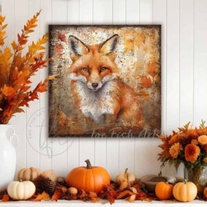 Toe Fish Art's Vintage Inspired Woodland Creatures Collection Wall Art - beautifully designed, unique, original, hand-painted and graphically rendered scenes displaying cute, furry woodland animal friends, like this red fox with brilliant and piercing hazel eyes, set against an autumn forest with falling leaves to create this striking and colorful Modern Farmhouse Vintage Rustic Fall Decoration home decor. Autumn Harvest Seasonal Thanksgiving Holiday Decor. Vibrant fall colors. Soft white, orange, rust, bronze, golden and gray-silver-blue-green hues. Outdoor weatherproof waterproof metal option available. Add easy, beautiful fall charm! Seasonal holiday indoor or outdoor decor for your entryway or fireplace mantel. Handcrafted to-order in the USA. Holiday decoration handmade by woman-owned USA small family American business ToeFishArt.com. Original, custom, personalized wall decor signs handcrafted in the USA and made-to-order for you. Choose from canvas, wood shiplap or outdoor metal. Select from rustic modern farmhouse, cottagecore, vintage, retro, industrial, Americana, primitive, country, coastal, minimalist, boho and eclectic home decor styles.