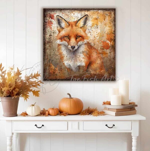 Toe Fish Art's Vintage Inspired Woodland Creatures Collection Wall Art - beautifully designed, unique, original, hand-painted and graphically rendered scenes displaying cute, furry woodland animal friends, like this red fox with brilliant and piercing hazel eyes, set against an autumn forest with falling leaves to create this striking and colorful Modern Farmhouse Vintage Rustic Fall Decoration home decor. Autumn Harvest Seasonal Thanksgiving Holiday Decor. Vibrant fall colors. Soft white, orange, rust, bronze, golden and gray-silver-blue-green hues. Outdoor weatherproof waterproof metal option available. Add easy, beautiful fall charm! Seasonal holiday indoor or outdoor decor for your entryway or fireplace mantel. Handcrafted to-order in the USA. Holiday decoration handmade by woman-owned USA small family American business ToeFishArt.com. Original, custom, personalized wall decor signs handcrafted in the USA and made-to-order for you. Choose from canvas, wood shiplap or outdoor metal. Select from rustic modern farmhouse, cottagecore, vintage, retro, industrial, Americana, primitive, country, coastal, minimalist, boho and eclectic home decor styles.