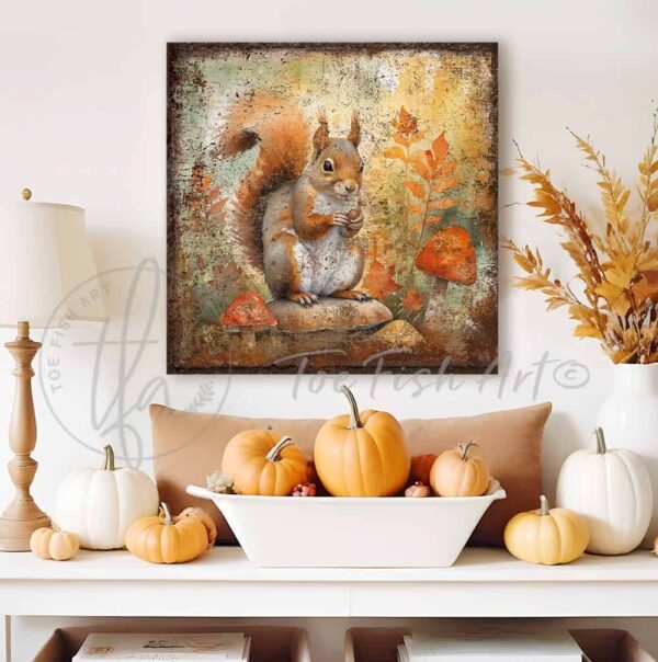 Toe Fish Art's Vintage Inspired Woodland Creatures Collection Wall Art - beautifully designed, unique, original, hand-painted and graphically rendered scenes displaying cute, furry woodland animal friends, like this red squirrel, set against autumn forest mushrooms and leaves to create this quaint and colorful Modern Farmhouse Vintage Rustic Fall Decoration home decor. Autumn Harvest Seasonal Thanksgiving Holiday Decor. Vibrant fall colors. Soft white, orange, rust and gray-silver-blue-green hues. Outdoor weatherproof waterproof metal option available. Add easy, beautiful fall charm! Seasonal holiday indoor or outdoor decor for your entryway or fireplace mantel. Handcrafted to-order in the USA. Holiday decoration handmade by woman-owned USA small family American business ToeFishArt.com. Original, custom, personalized wall decor signs handcrafted in the USA and made-to-order for you. Choose from canvas, wood shiplap or outdoor metal. Select from rustic modern farmhouse, cottagecore, vintage, retro, industrial, Americana, primitive, country, coastal, minimalist, boho and eclectic home decor styles.