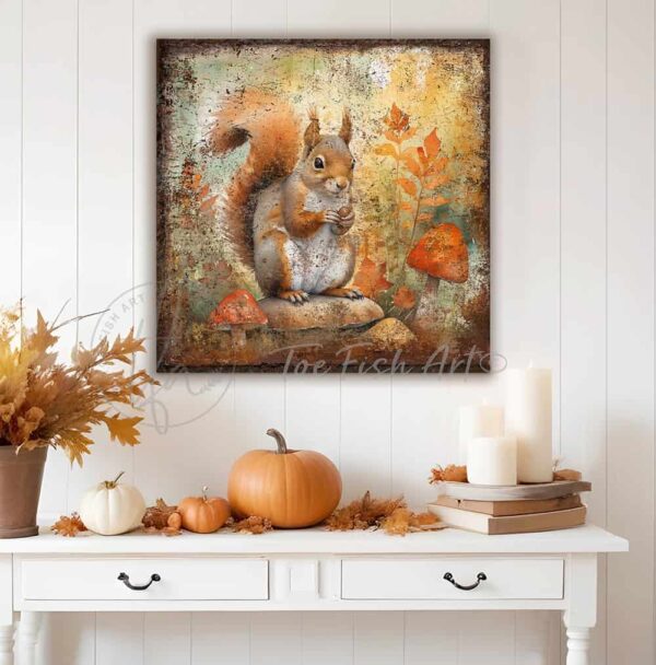 Toe Fish Art's Vintage Inspired Woodland Creatures Collection Wall Art - beautifully designed, unique, original, hand-painted and graphically rendered scenes displaying cute, furry woodland animal friends, like this red squirrel, set against autumn forest mushrooms and leaves to create this quaint and colorful Modern Farmhouse Vintage Rustic Fall Decoration home decor. Autumn Harvest Seasonal Thanksgiving Holiday Decor. Vibrant fall colors. Soft white, orange, rust and gray-silver-blue-green hues. Outdoor weatherproof waterproof metal option available. Add easy, beautiful fall charm! Seasonal holiday indoor or outdoor decor for your entryway or fireplace mantel. Handcrafted to-order in the USA. Holiday decoration handmade by woman-owned USA small family American business ToeFishArt.com. Original, custom, personalized wall decor signs handcrafted in the USA and made-to-order for you. Choose from canvas, wood shiplap or outdoor metal. Select from rustic modern farmhouse, cottagecore, vintage, retro, industrial, Americana, primitive, country, coastal, minimalist, boho and eclectic home decor styles.