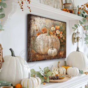 Toe Fish Art's White Pumpkins Wall Art - beautifully designed, unique, original, hand-painted and graphically rendered scene displaying white heirloom pumpkins against autumn flowers and leaves to create this quaint and colorful Modern Farmhouse Vintage Rustic Fall Decoration home decor. Autumn Harvest Seasonal Halloween and Thanksgiving Holiday Decor. Vibrant fall colors. Soft white, orange, green and gray-silver-blue hues. Outdoor weatherproof waterproof metal option available. Add easy, beautiful fall charm! Seasonal holiday indoor or outdoor decor for your entryway or fireplace mantel. Handcrafted to-order in the USA. Holiday decoration handmade by woman-owned USA small family American business ToeFishArt.com. Original, custom, personalized wall decor signs handcrafted in the USA and made-to-order for you. Choose from canvas, wood shiplap or outdoor metal. Select from rustic modern farmhouse, cottagecore, vintage, retro, industrial, Americana, primitive, country, coastal, minimalist, boho and eclectic home decor styles.