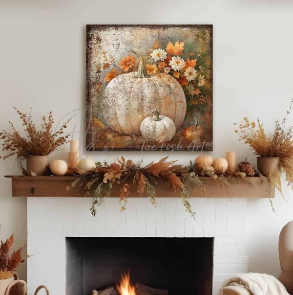 Toe Fish Art's White Pumpkins Wall Art - beautifully designed, unique, original, hand-painted and graphically rendered scene displaying white heirloom pumpkins against autumn flowers and leaves to create this quaint and colorful Modern Farmhouse Vintage Rustic Fall Decoration home decor. Autumn Harvest Seasonal Halloween and Thanksgiving Holiday Decor. Vibrant fall colors. Soft white, orange, green and gray-silver-blue hues. Outdoor weatherproof waterproof metal option available. Add easy, beautiful fall charm! Seasonal holiday indoor or outdoor decor for your entryway or fireplace mantel. Handcrafted to-order in the USA. Holiday decoration handmade by woman-owned USA small family American business ToeFishArt.com. Original, custom, personalized wall decor signs handcrafted in the USA and made-to-order for you. Choose from canvas, wood shiplap or outdoor metal. Select from rustic modern farmhouse, cottagecore, vintage, retro, industrial, Americana, primitive, country, coastal, minimalist, boho and eclectic home decor styles.