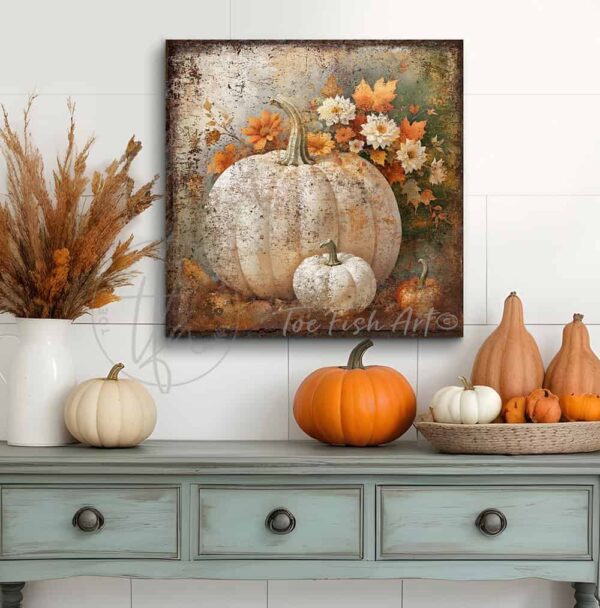 Toe Fish Art's White Pumpkins Wall Art - beautifully designed, unique, original, hand-painted and graphically rendered scene displaying white heirloom pumpkins against autumn flowers and leaves to create this quaint and colorful Modern Farmhouse Vintage Rustic Fall Decoration home decor. Autumn Harvest Seasonal Halloween and Thanksgiving Holiday Decor. Vibrant fall colors. Soft white, orange, green and gray-silver-blue hues. Outdoor weatherproof waterproof metal option available. Add easy, beautiful fall charm! Seasonal holiday indoor or outdoor decor for your entryway or fireplace mantel. Handcrafted to-order in the USA. Holiday decoration handmade by woman-owned USA small family American business ToeFishArt.com. Original, custom, personalized wall decor signs handcrafted in the USA and made-to-order for you. Choose from canvas, wood shiplap or outdoor metal. Select from rustic modern farmhouse, cottagecore, vintage, retro, industrial, Americana, primitive, country, coastal, minimalist, boho and eclectic home decor styles.