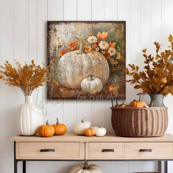 Toe Fish Art's White Pumpkins Wall Art - beautifully designed, unique, original, hand-painted and graphically rendered scene displaying white heirloom pumpkins against autumn flowers and leaves to create this quaint and colorful Modern Farmhouse Vintage Rustic Fall Decoration home decor. Autumn Harvest Seasonal Halloween and Thanksgiving Holiday Decor. Vibrant fall colors. Soft white, orange, green and gray-silver-blue hues. Outdoor weatherproof waterproof metal option available. Add easy, beautiful fall charm! Seasonal holiday indoor or outdoor decor for your entryway or fireplace mantel. Handcrafted to-order in the USA. Holiday decoration handmade by woman-owned USA small family American business ToeFishArt.com. Original, custom, personalized wall decor signs handcrafted in the USA and made-to-order for you. Choose from canvas, wood shiplap or outdoor metal. Select from rustic modern farmhouse, cottagecore, vintage, retro, industrial, Americana, primitive, country, coastal, minimalist, boho and eclectic home decor styles.